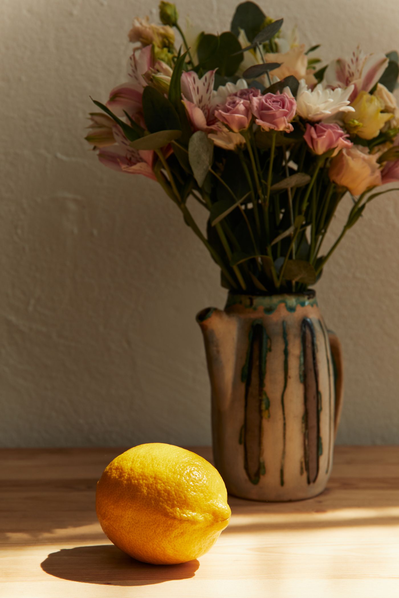 Acrylic still life with vase and fruit